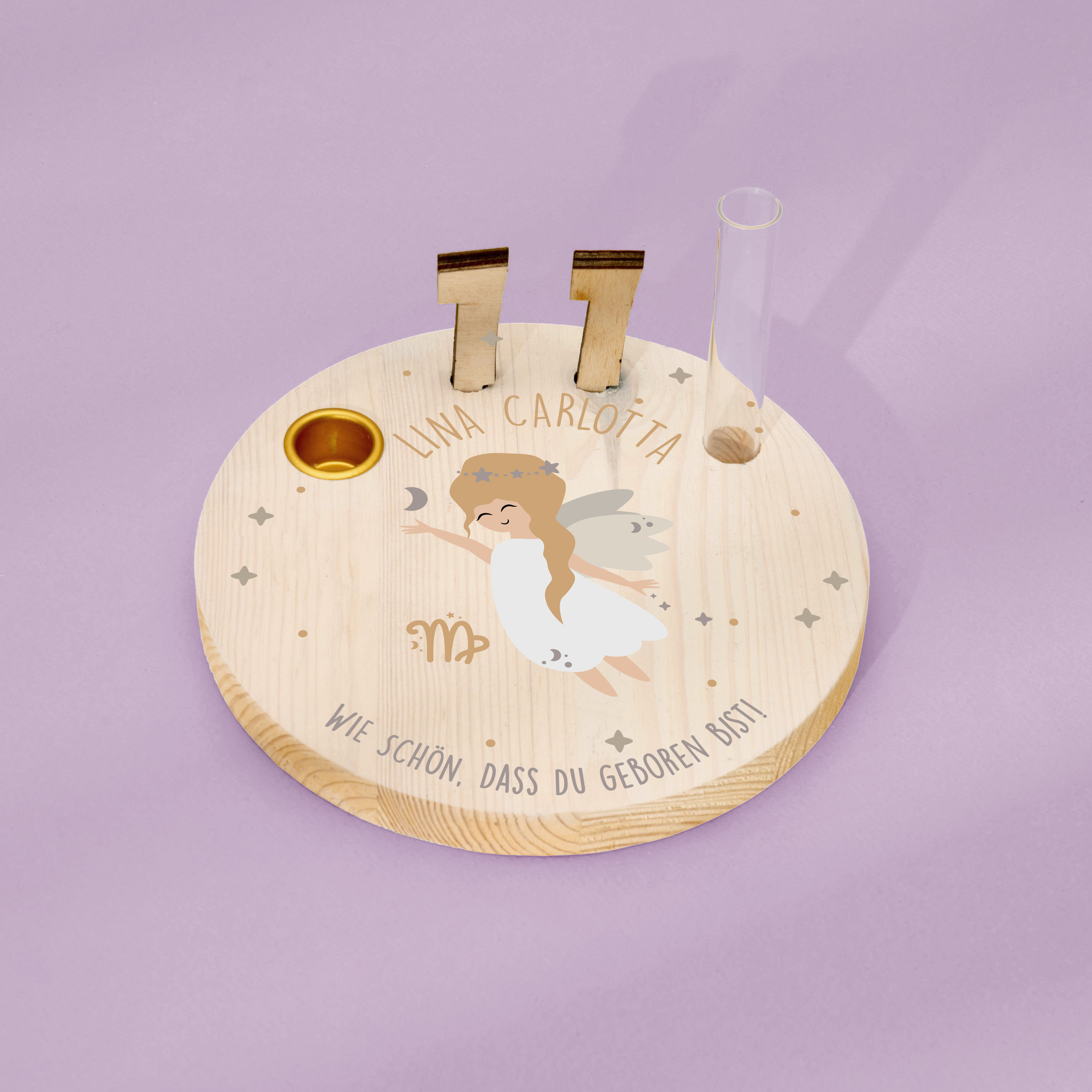 Geburtstagskranz  aus Holz mit  Wunschnamen personalisiert - Motiv 60 Sternzeichen Jungfrau