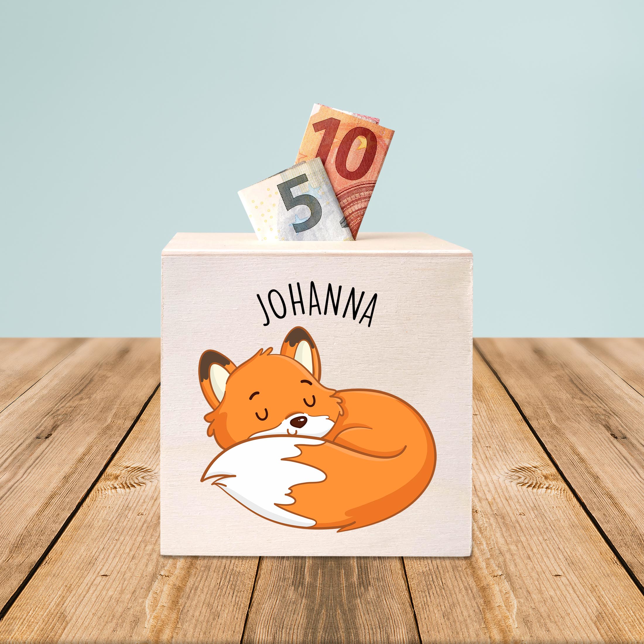 hübsche Holzspardose: personalisierbare Sparbüchse Motiv 04 Fuchs