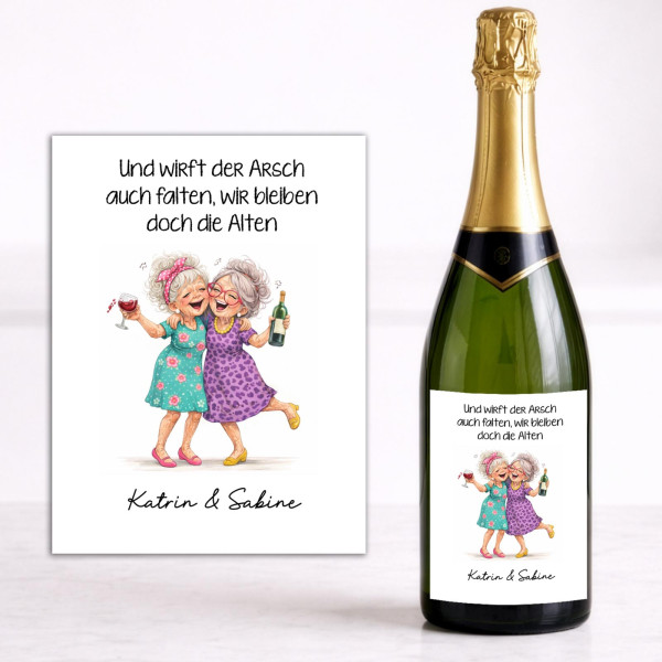 Weinflaschen Aufkleber 9x12 cm – „#05 und wirft der Arsch auch Falten“ – lustiges Geschenk Etikett