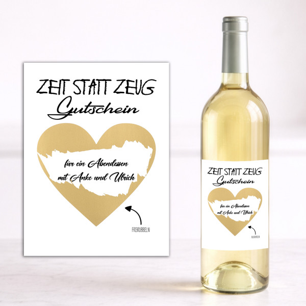 Weinflaschen Aufkleber 8x12 cm –Zeit statt Zeug Gutschein mkit Rubbel-Herz