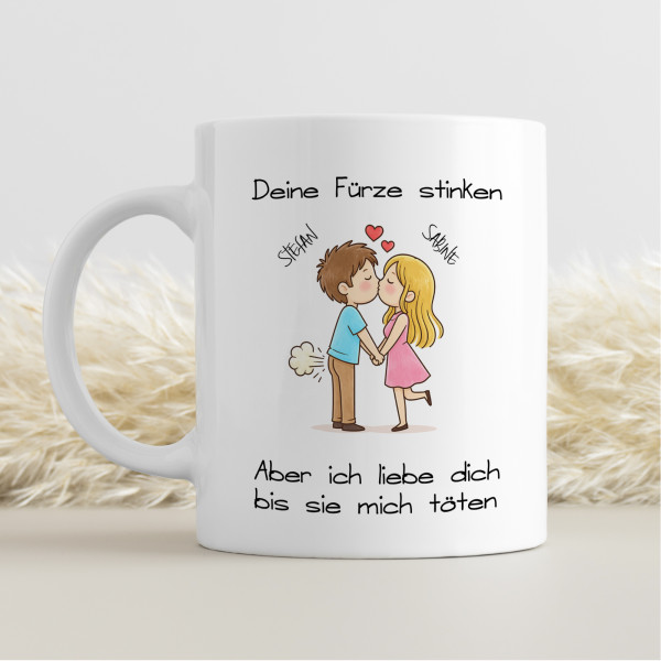 Keramiktasse 330ml „Deine Fürze stinken, aber ich liebe dich“ – personalisiert mit 2 Namen & Wunsch-