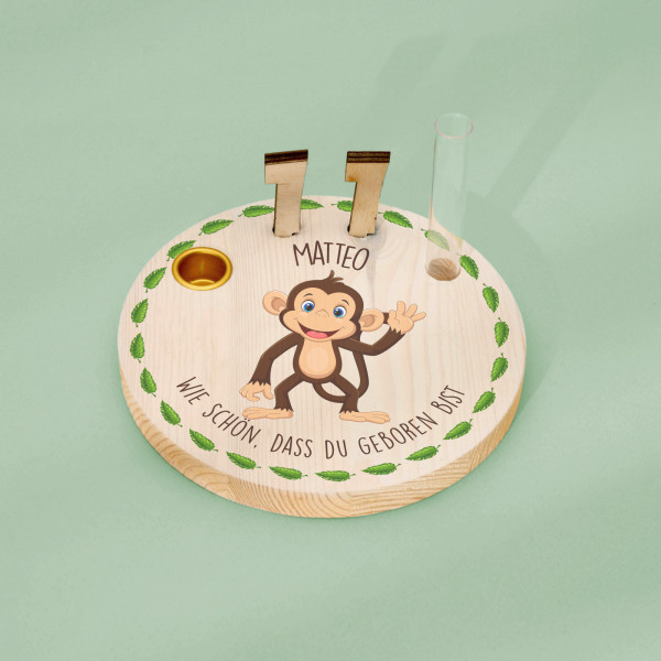 Geburtstagskranz / Kerzenteller aus Holz mit deinem Wunschnamen personalisiert - Motiv Affe-2