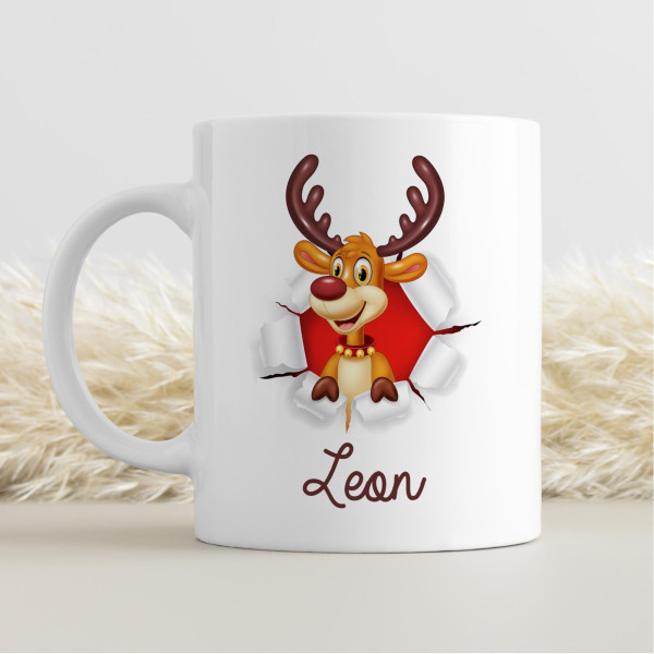 Personalisierte Weihnachtstasse 330 ml – Rentier Motiv mit Name – beidseitig bedruckt