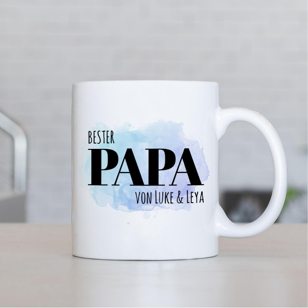 Personalisierte Tasse 330 ml – Bester Papa der Welt – mit Namen der Kinder – beidseitig bedruckt