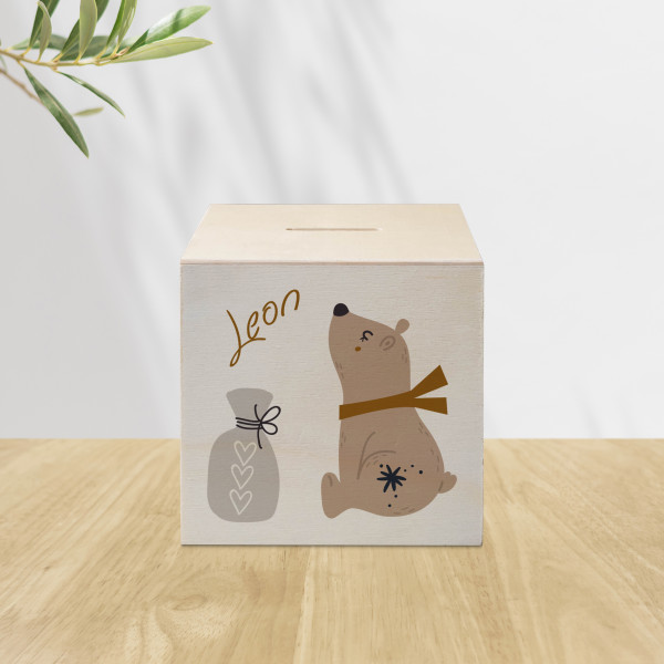 hübsche Holzspardose: personalisierbare Sparbüchse Motiv 99 kleiner Bär