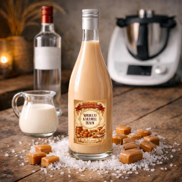 5, 10 der 20 Aufkleber für Karamelllikör - rund personalisiert mit Wunschname