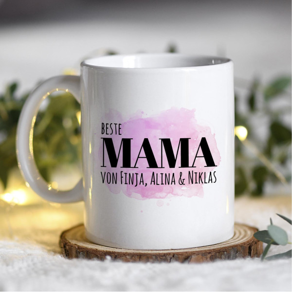 Personalisierte Tasse 330 ml – Beste Mama der Welt – mit Namen der Kinder – beidseitig bedruckt