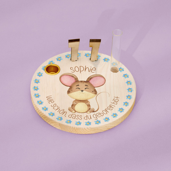 Geburtstagskranz / Kerzenteller aus Holz mit deinem Wunschnamen personalisiert - Motiv 12 Maus