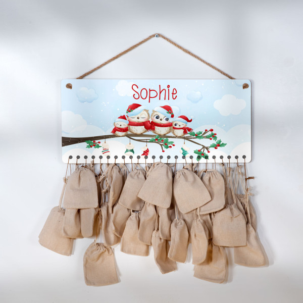 Adventskalender 45x20cm Holz personalisierbar Motiv Eulen auf Ast